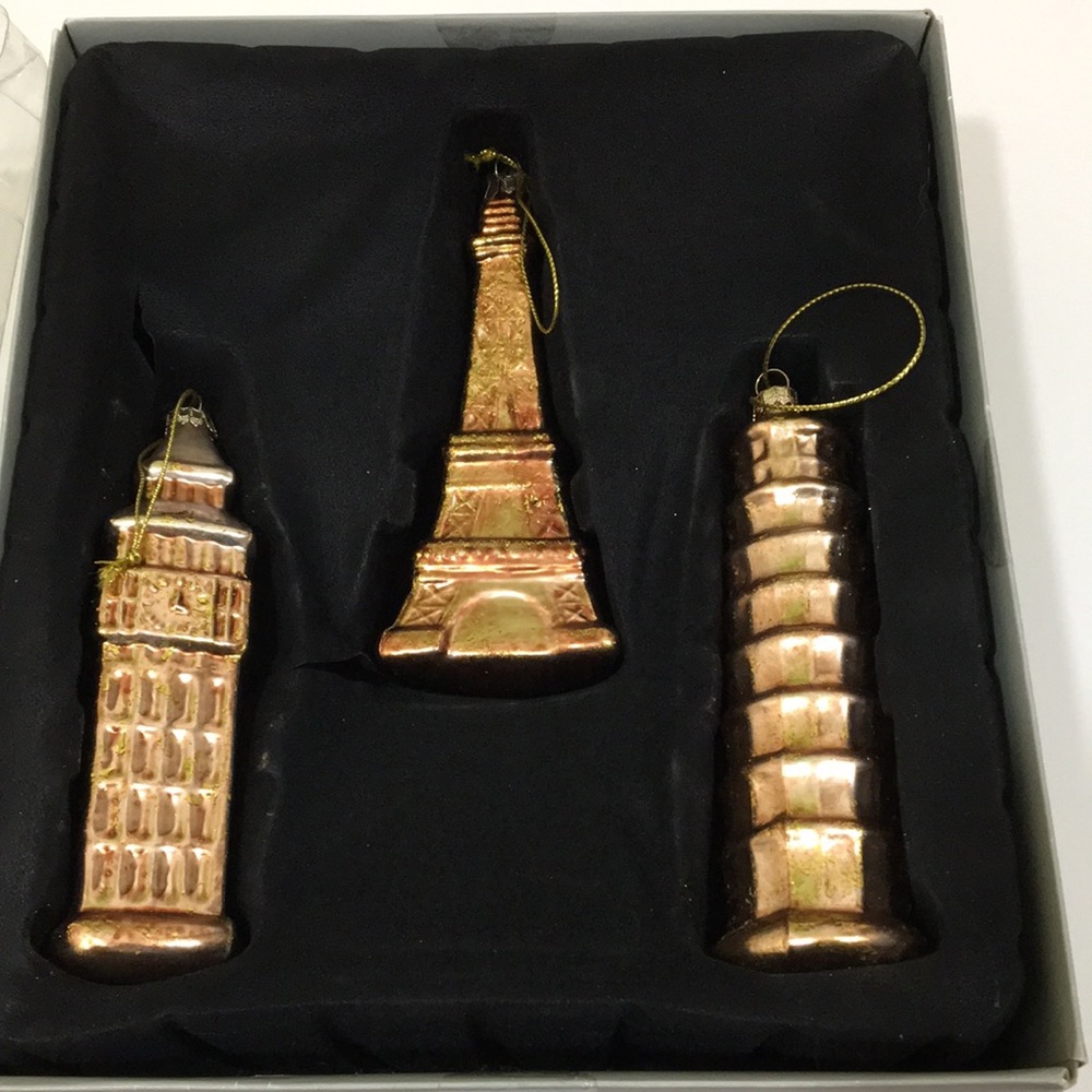 Big Ben Eiffel Tower Leaning Tower of Pisa Glass Ornament Set